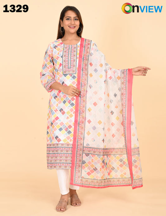 ONVIEW |1329 | COTTON CHIKANKARI WORK WITH BORDER WITH DUPATTA | PACK OF 4