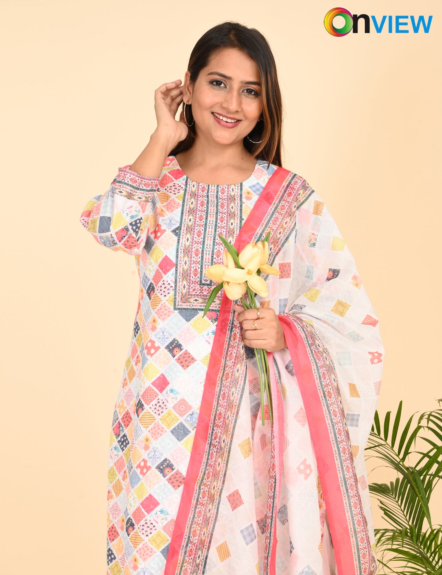 ONVIEW |1329 | COTTON CHIKANKARI WORK WITH BORDER WITH DUPATTA | PACK OF 4