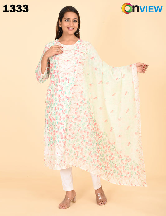 ONVIEW | 1333 | COTTON CHIKANKARI WORK WITH BORDER WITH DUPATTA | PACK OF 4