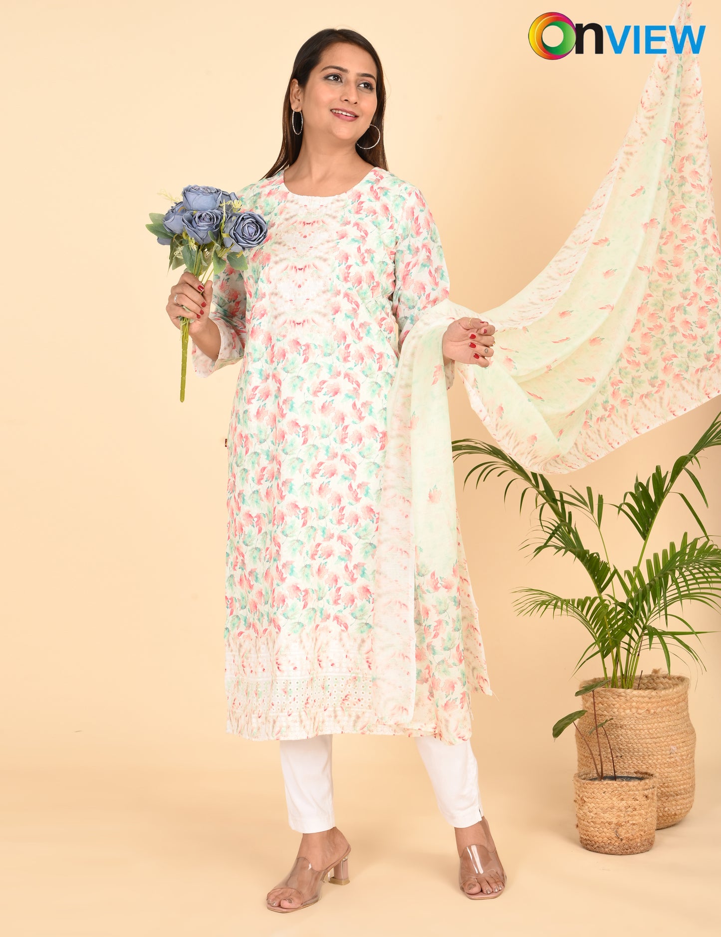 ONVIEW | 1333 | COTTON CHIKANKARI WORK WITH BORDER WITH DUPATTA | PACK OF 4