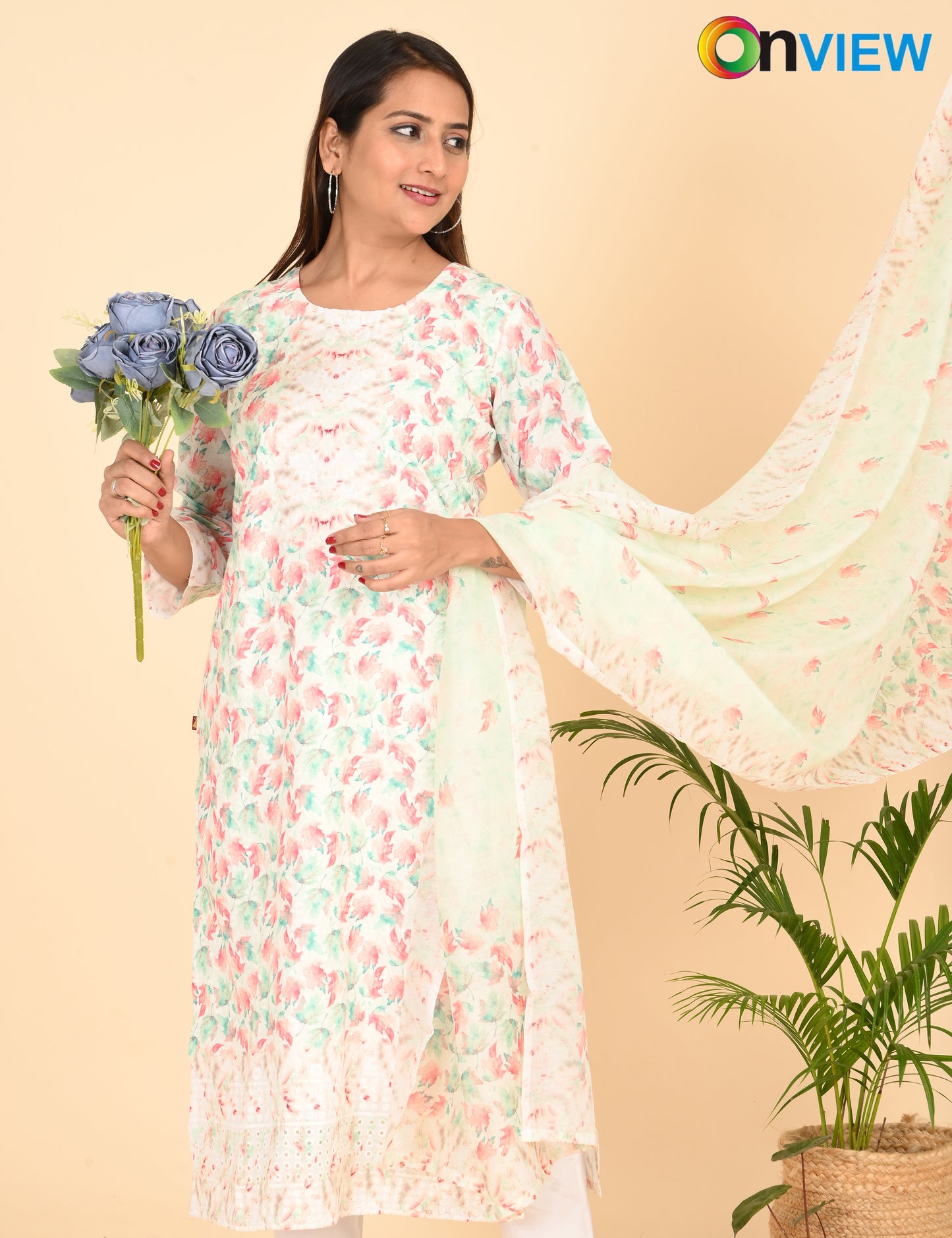 ONVIEW | 1333 | COTTON CHIKANKARI WORK WITH BORDER WITH DUPATTA | PACK OF 4