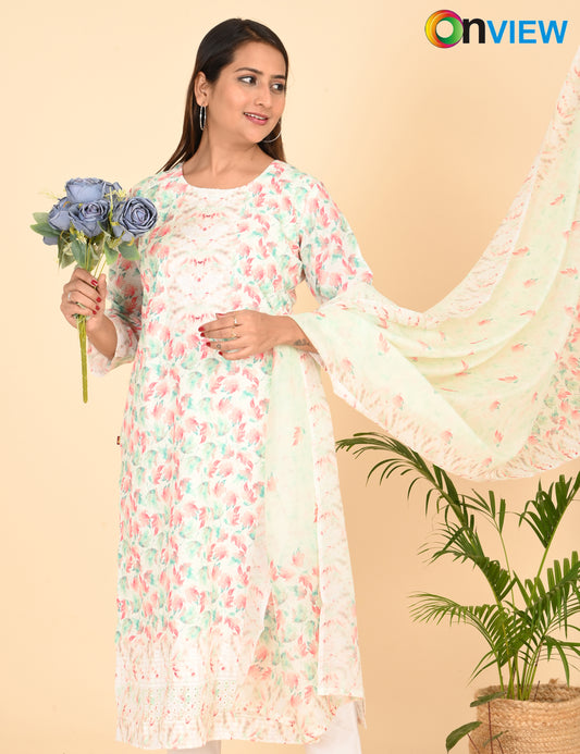 ONVIEW | 1333 | COTTON CHIKANKARI WORK WITH BORDER WITH DUPATTA | PACK OF 4